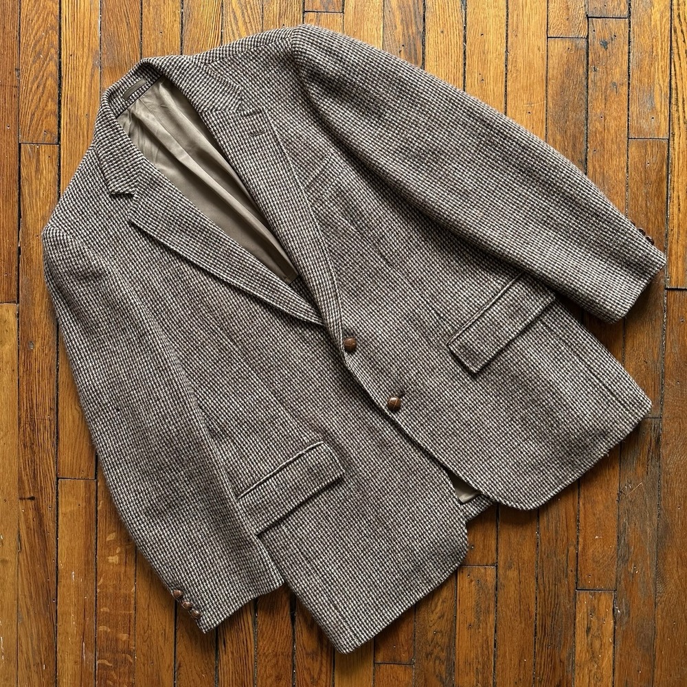 Vtg Harris Tweed Blazer Sport Coat Jacket Ivy Hunting Country Beige Brown L‎ 44"
